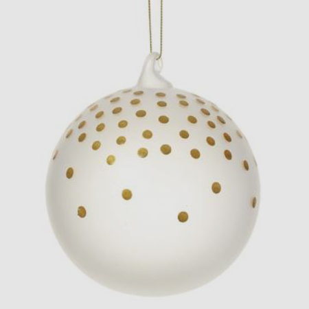 4.75-inch frosted white glass ball ornament with gold polka dots and a gold hanging string.