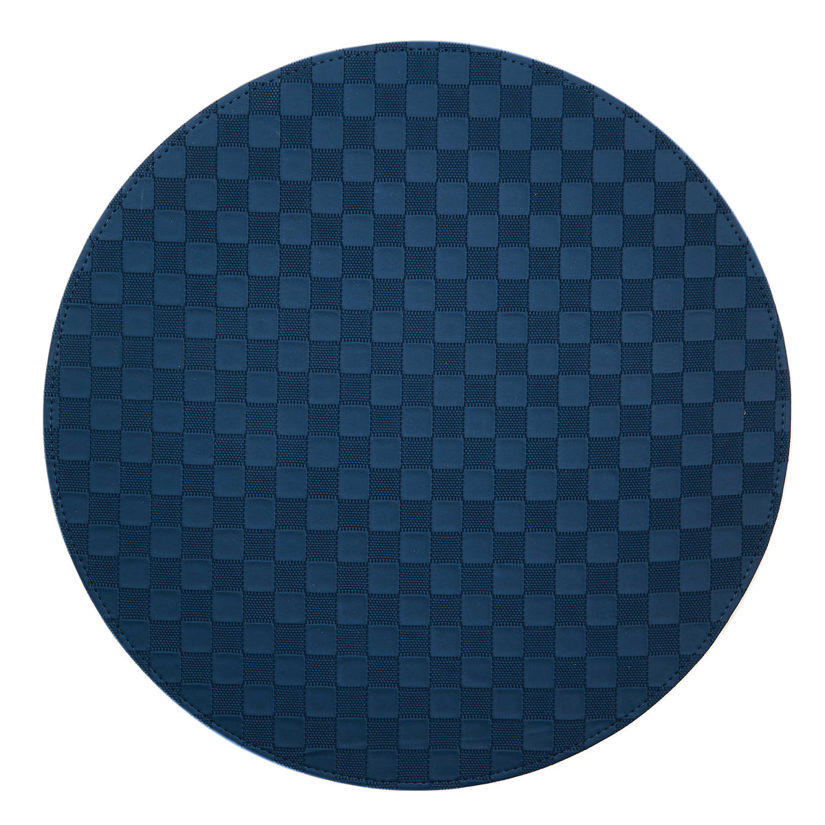 Round blue check faux leather placemat with a textured grid pattern and stitched edge.