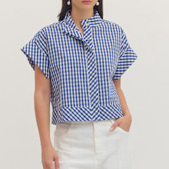 Noemi gingham print cap sleeve top with stand collar in white cotton