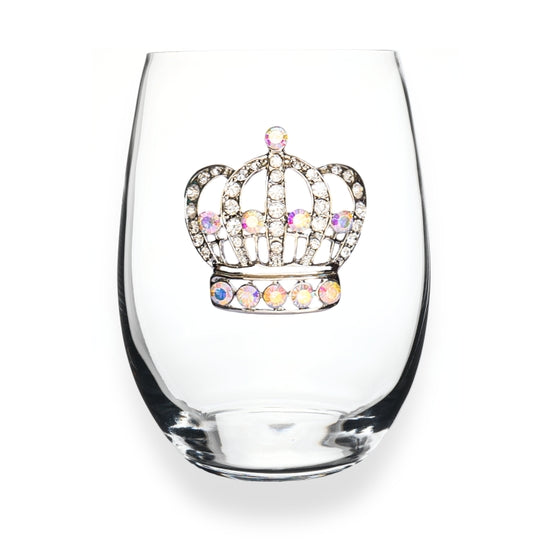 Handcrafted stemless wine glass with jeweled embellishments around the bowl in a clear finish.
