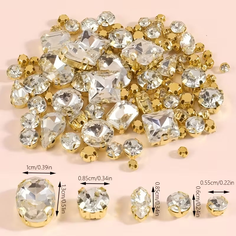 Packaging containing 100 transparent rhinestones with faceted crystal appearance.