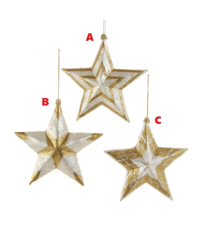 Gold glitter laminated capiz star ornament on a white background