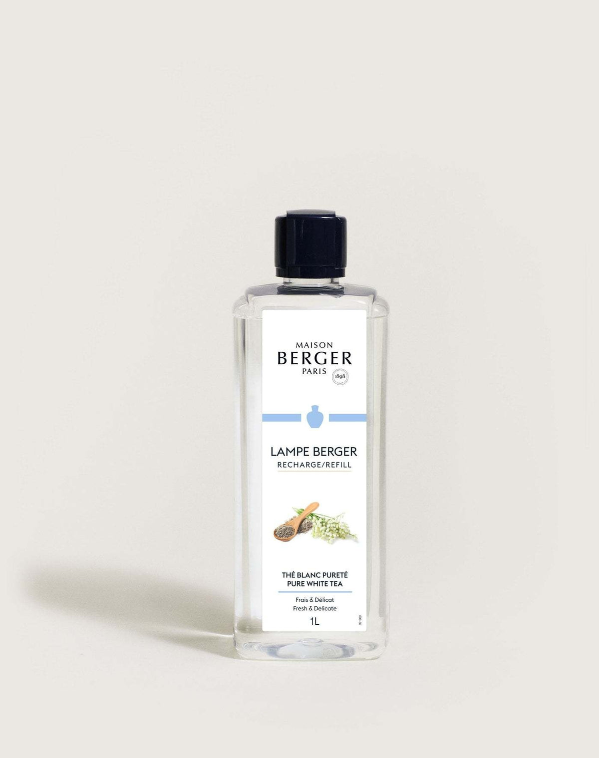 White Lampe Berger refill bottle with Pure White Tea fragrance label