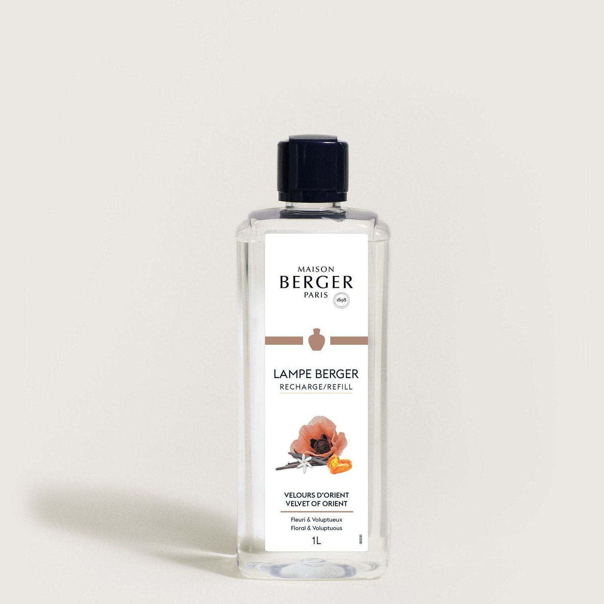 Lampe Berger refill bottle with velvet-of-orient fragrance in a clear glass container.