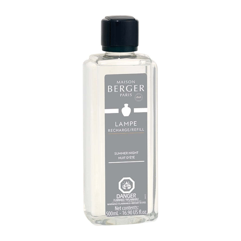 Lampe Berger refill bottle with Summer Night fragrance in a clear glass container.