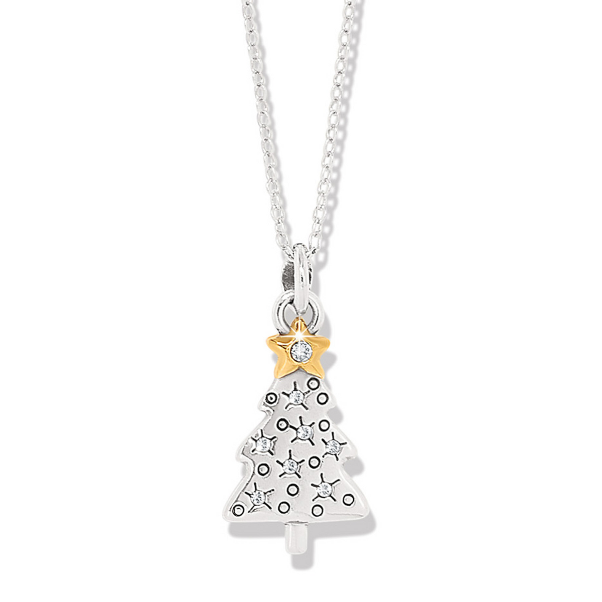 Twinkle Tree Necklace featuring a silver Christmas tree pendant with a gold star and crystal accents
