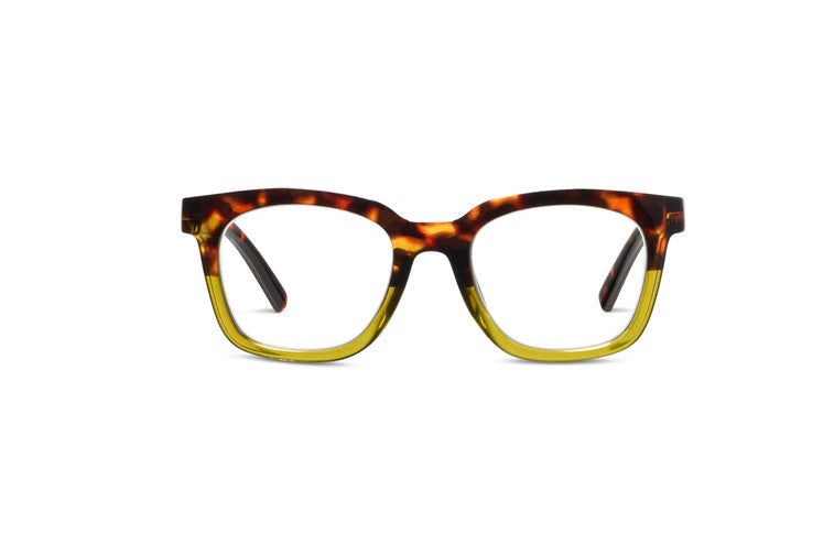 To The Max square glasses with a tortoiseshell top and translucent yellow bottom frame.