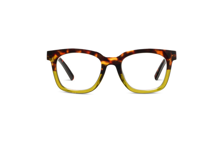 To The Max square glasses with a tortoiseshell top and translucent yellow bottom frame.