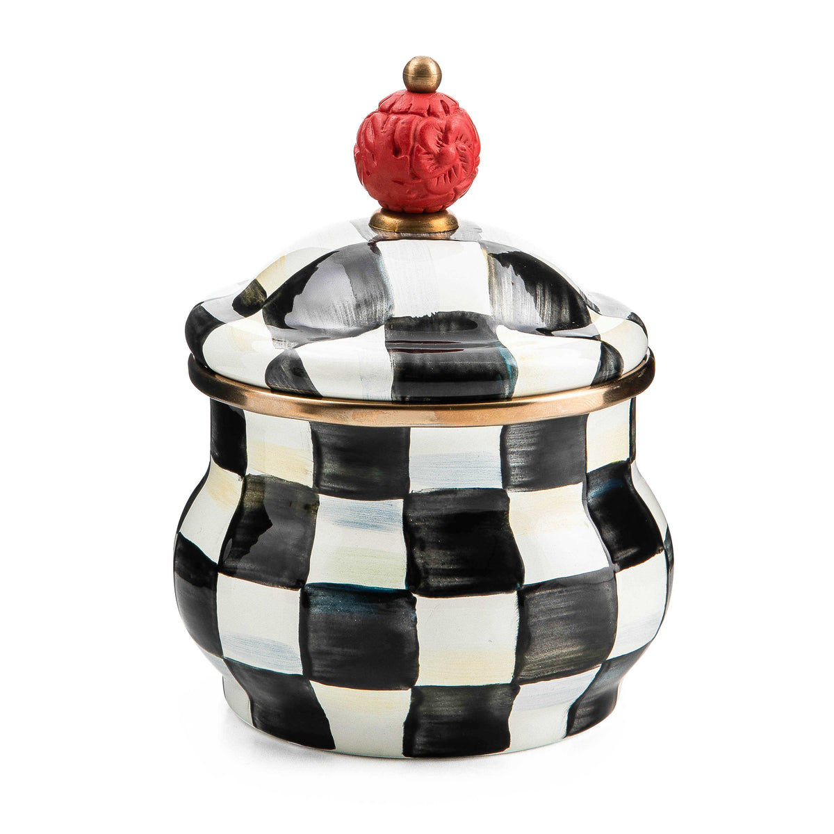 Courtly Check enamel sugar bowl with hand-painted black and white checks and a red cinnabar lid knob.