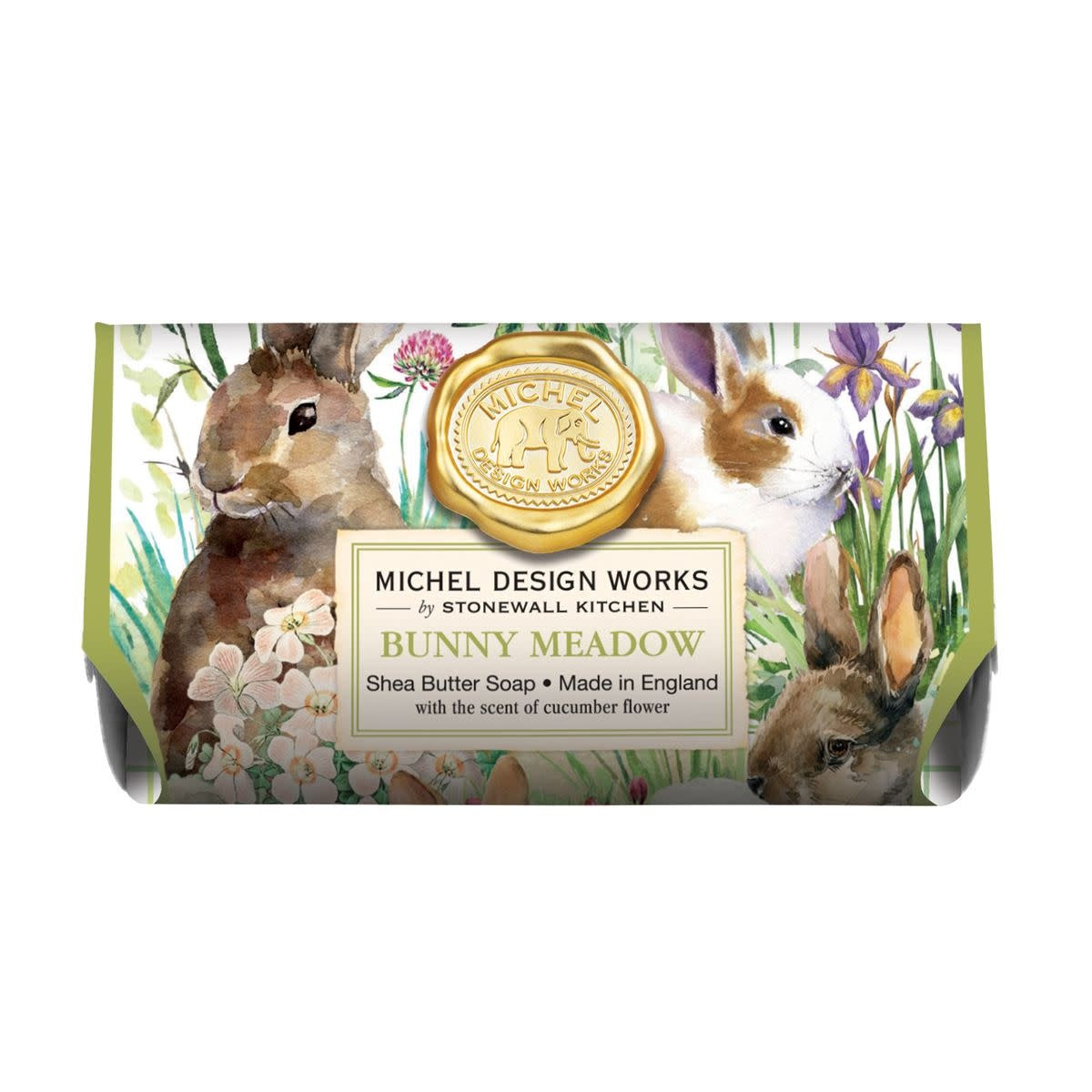 Large bath soap bar in Bunny Meadow scent with a soft pastel green color and subtle floral pattern.