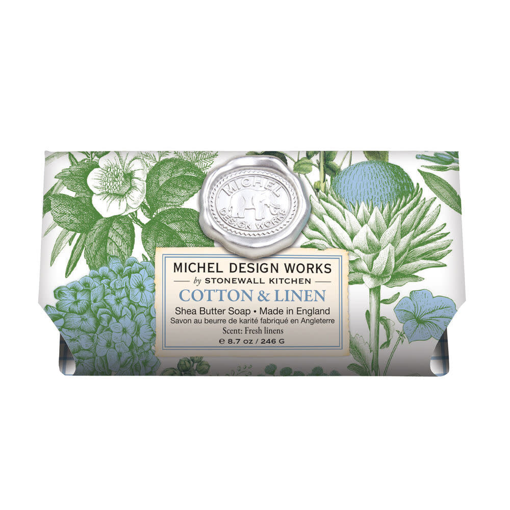 Large bath soap bar with a cotton linen fabric texture in neutral beige tones.