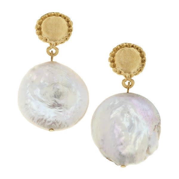 Triple-plated gold drop earrings featuring large freshwater coin pearls with post backs.