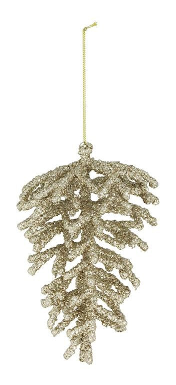 Gold glitter coated pinecone ornament designed to hang on holiday trees.