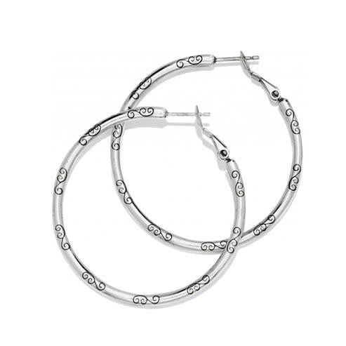 Silver plated large hoop earrings with a drop charm detail