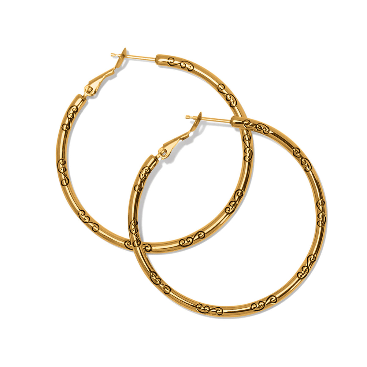Gold plated large hoop earrings with a wide circular silhouette.