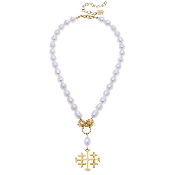 Large silver Jerusalem cross pendant with freshwater pearls on a chain necklace