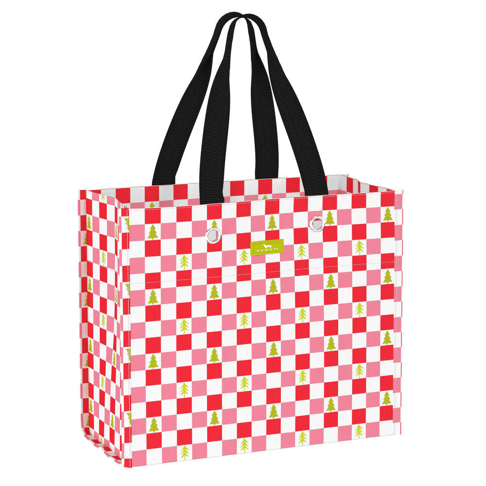 Large woven gift bag with checkered pattern in red and white tones.