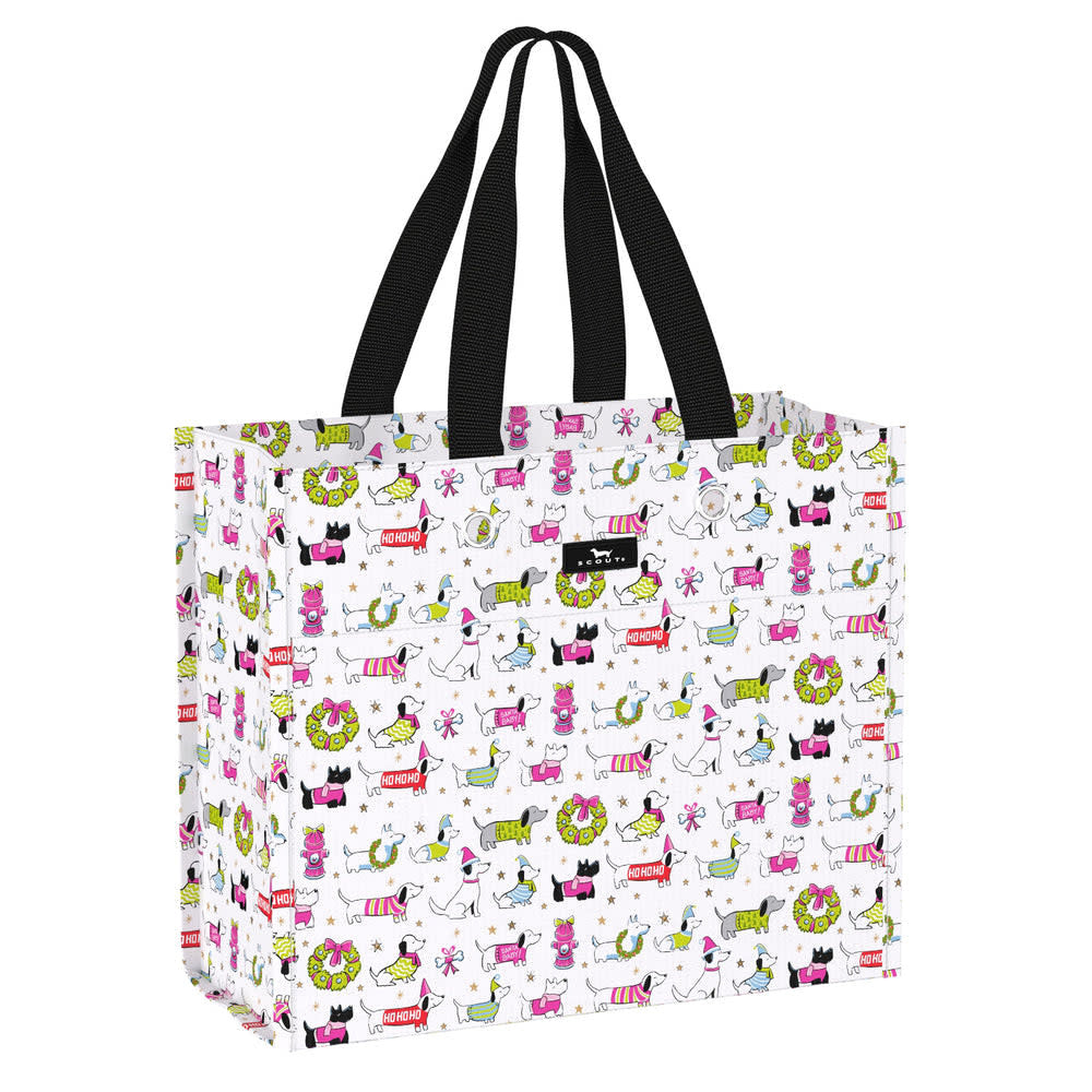 Large reusable gift bag with grommets in a dark navy woven fabric featuring an 'owlly night' pattern.