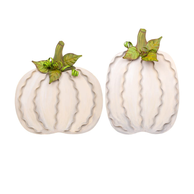 Cream-colored large ribbon pumpkin with a decorative bow accent.