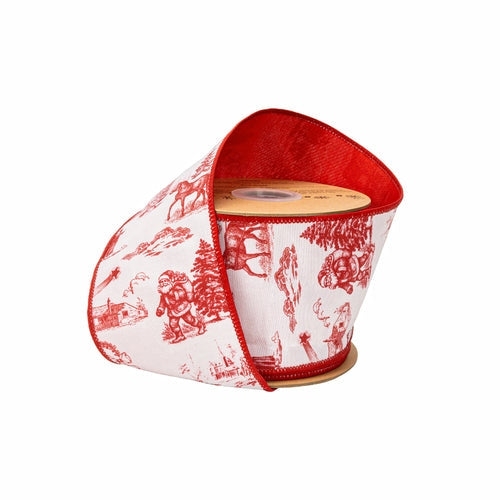 4 inch wired dupioni ribbon with red Christmas toile on white and a solid red backing.