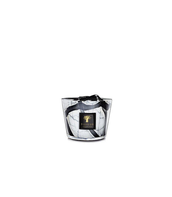 Marble candle stones with a leather, rose, and plum fragrance scent.