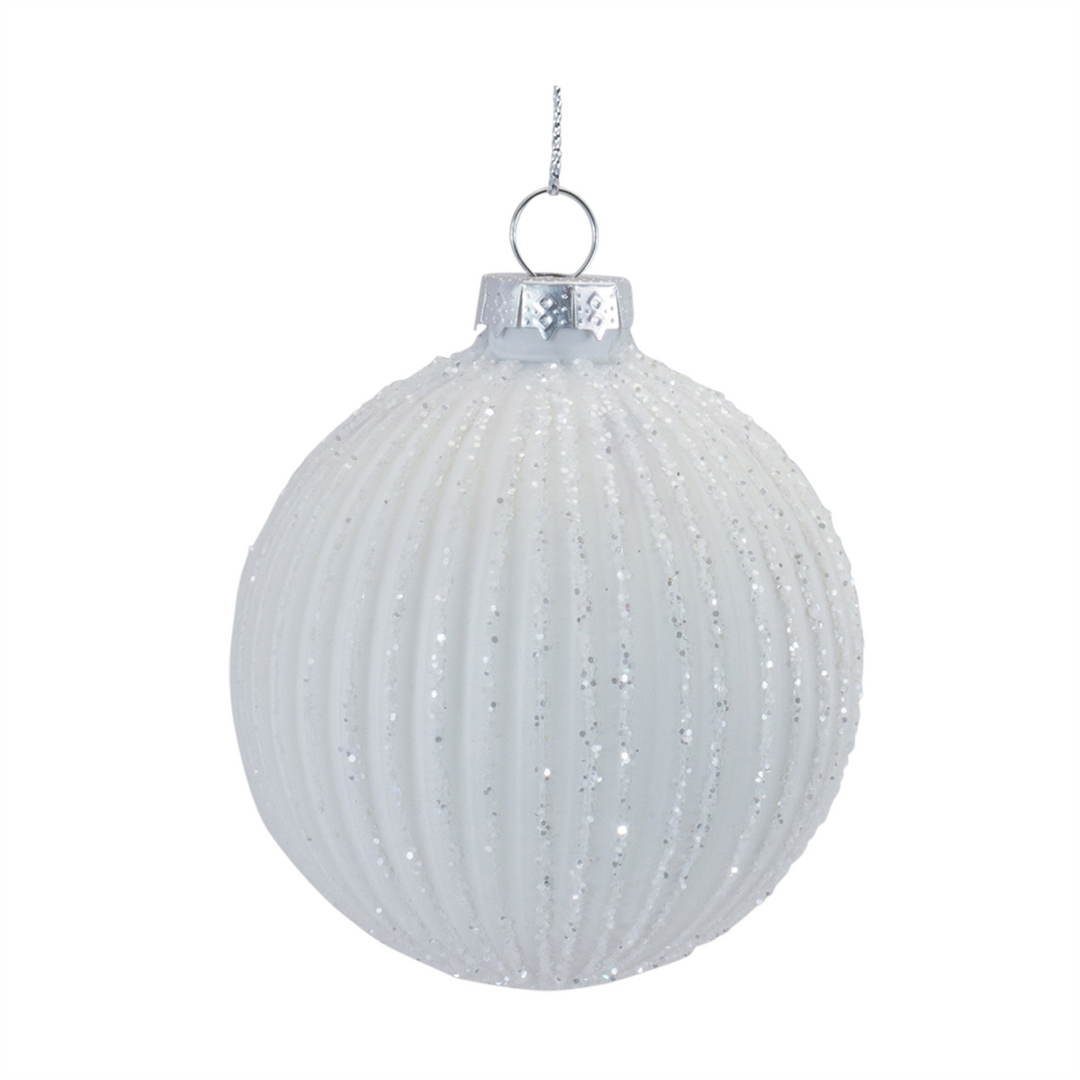 White glitter ribbed glass ornament with silver cap and hanging loop.