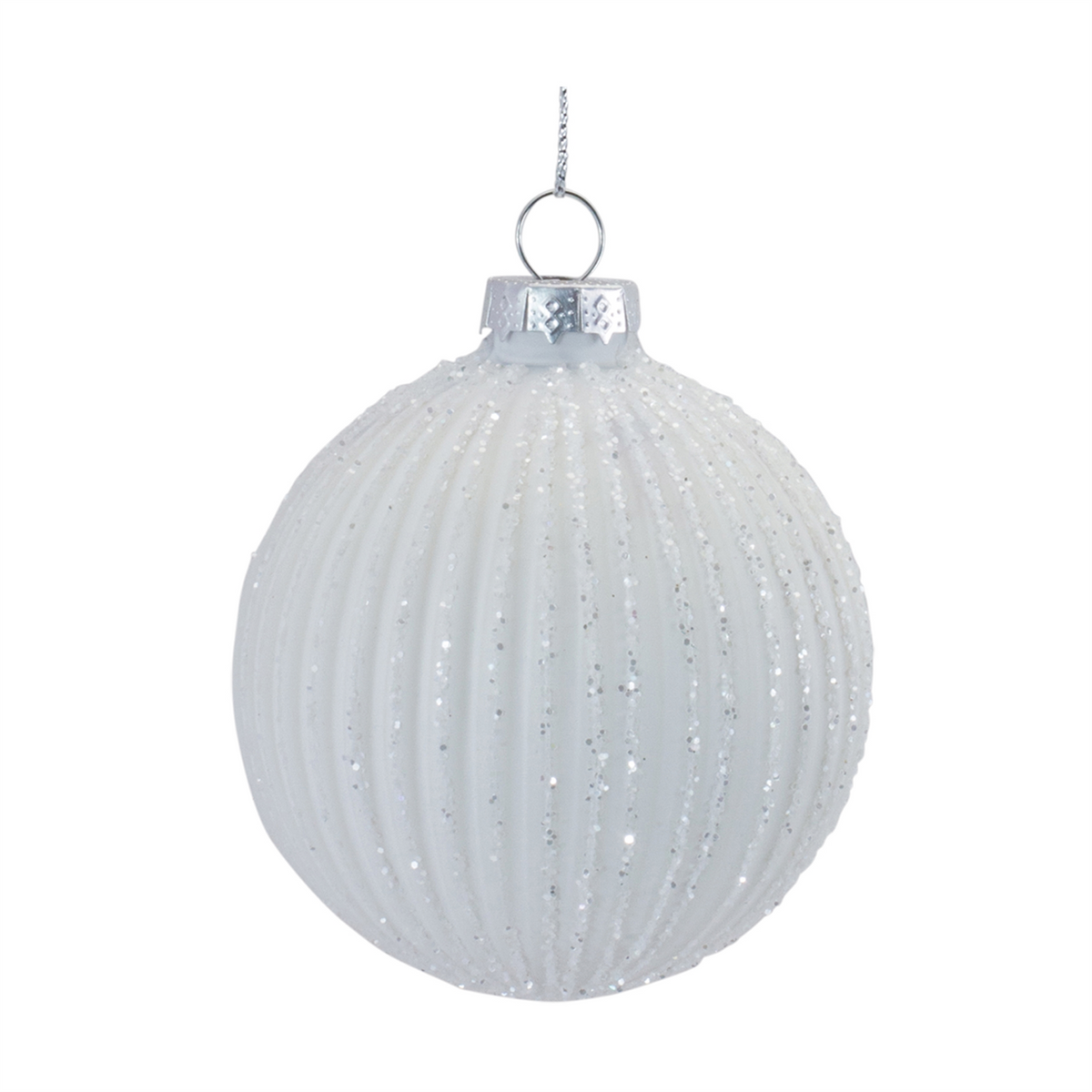 White glitter ribbed glass ornament with silver cap and hanging loop.