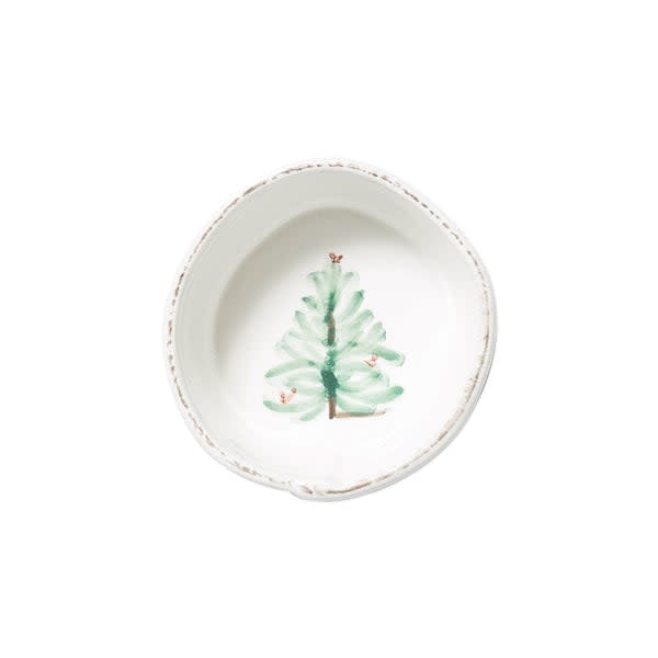 White Italian stoneware condiment bowl with handpainted fir trees and cardinals.