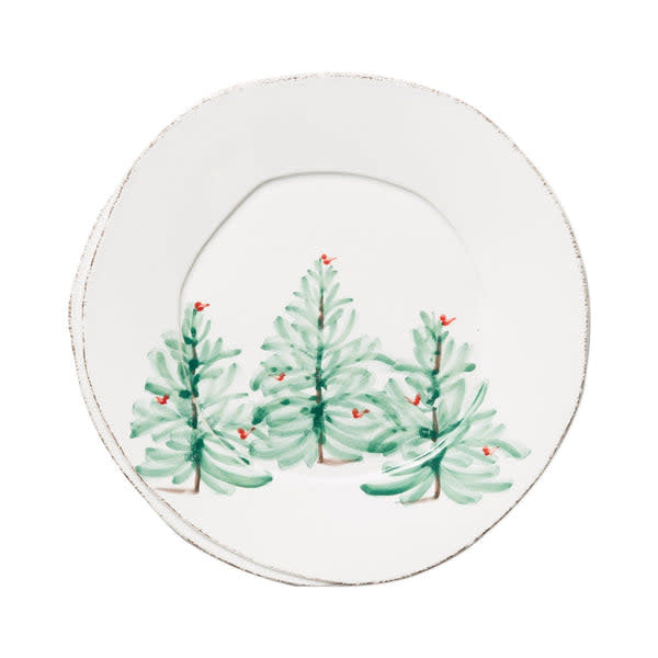 Lastra Holiday European dinner plate in white Italian stoneware with a subtle holiday pattern and decorative rim.