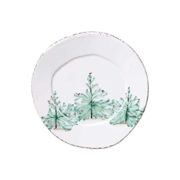 White Italian stoneware salad plate with handpainted fir trees and bright cardinals.