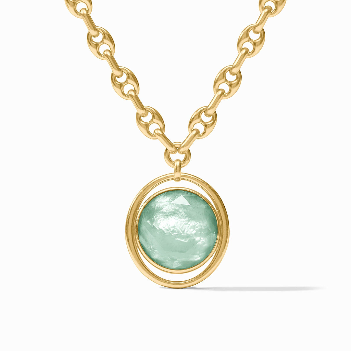Adjustable gold-plated statement necklace with a large imported glass pendant on an adjustable chain.