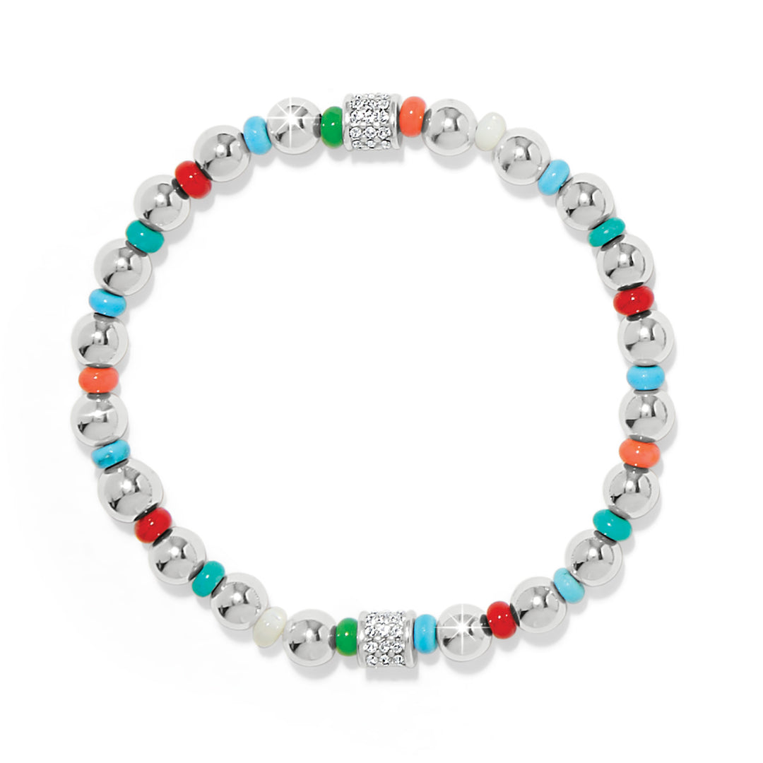 Silver-plated stretch bracelet featuring fine quality multi-colored crystals in a petite silhouette.