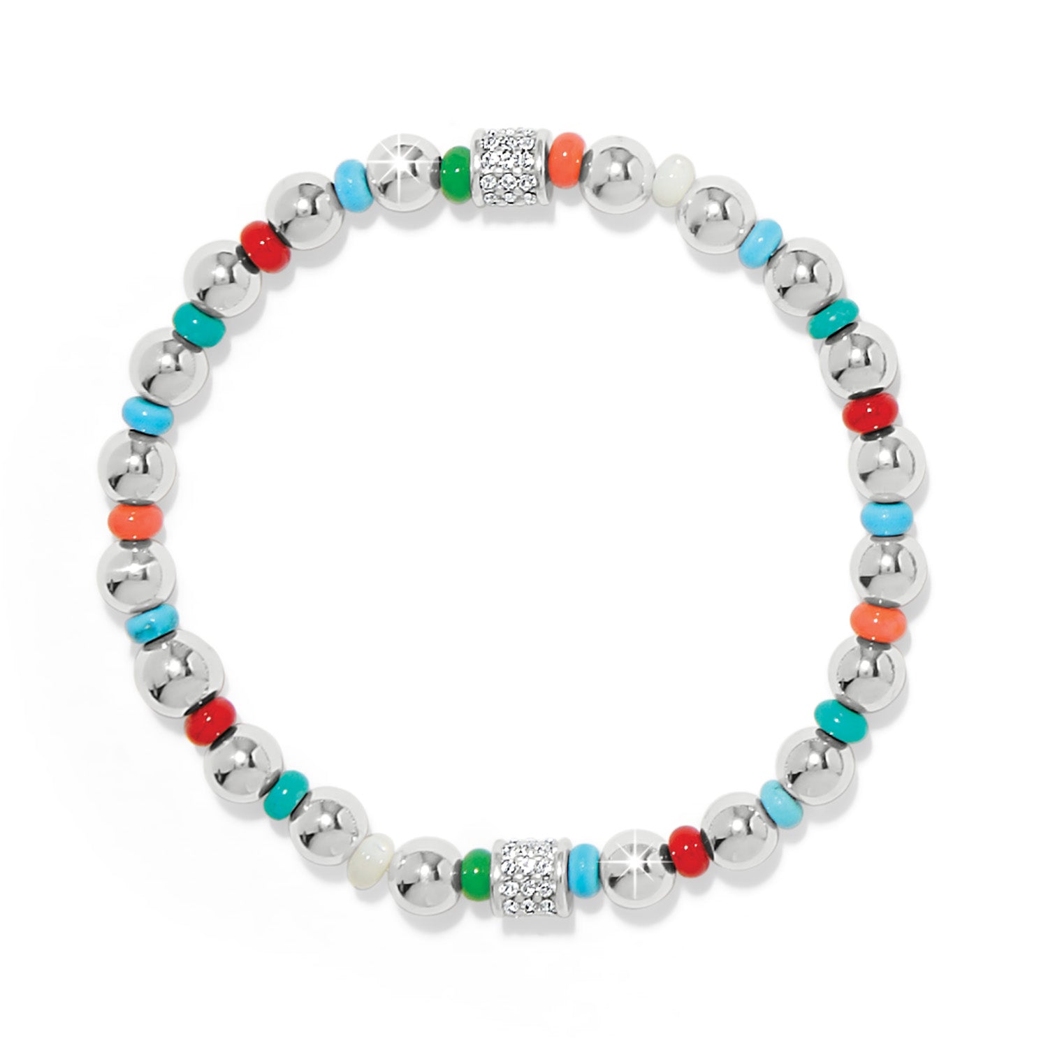 Silver-plated stretch bracelet featuring fine quality multi-colored crystals in a petite silhouette.