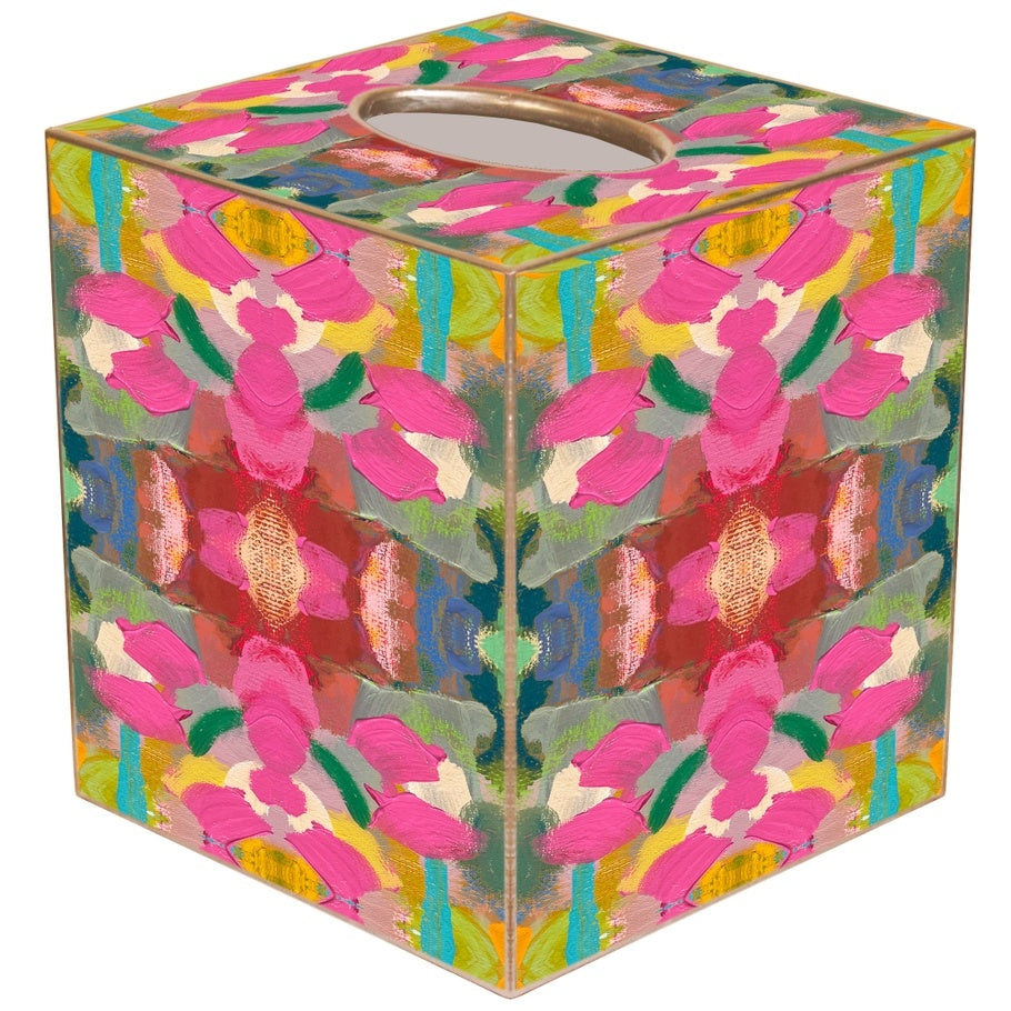 Handcrafted pink paper mache tissue box cover with gold edge accents
