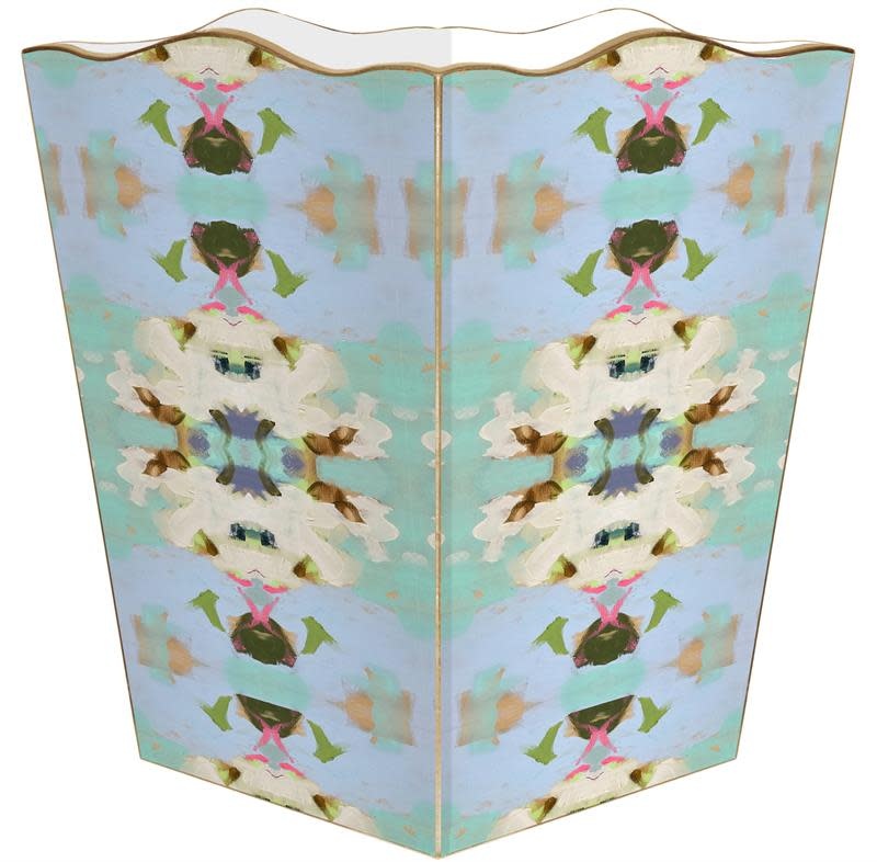 Scalloped-top wastepaper basket with gold-painted edges in blue water-resistant material.
