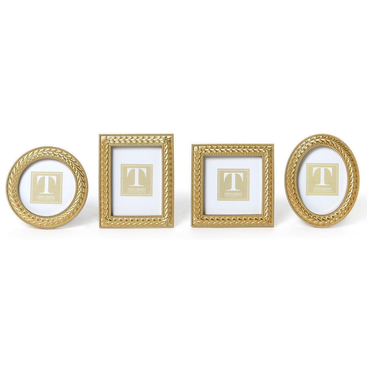 Gold resin photo frame featuring an intricate laurel wreath design with a circular silhouette.