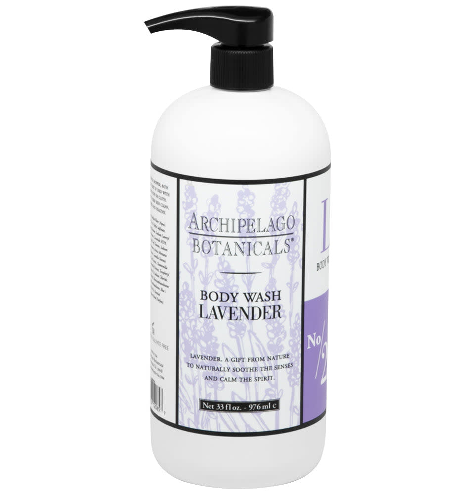 33 oz bottle of lavender body wash with a white label featuring botanical illustrations.