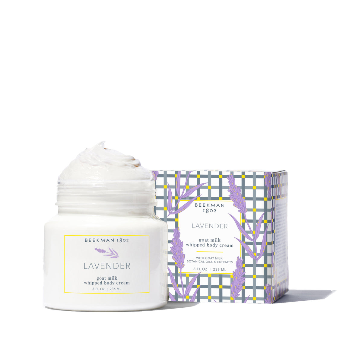 Lavender whipped body cream in a white jar with silver lid