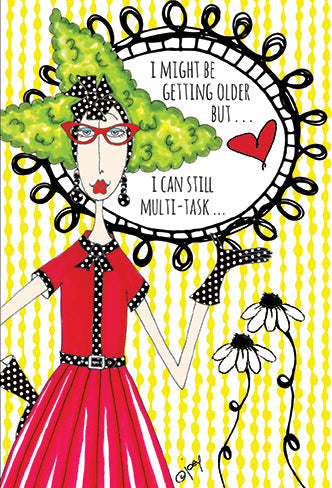 Birthday card with glitter foil embossing showing text about multi-tasking to laugh and pee.