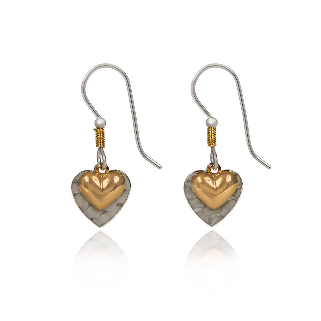 Layered heart-shaped wire wrap earrings featuring semi-precious stones, glass beads, and textured brass with natural movement.