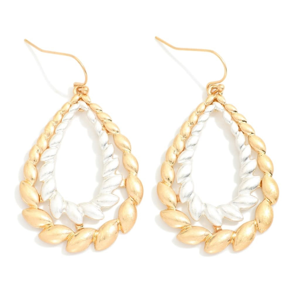 Gold layered teardrop drop earrings with seed-like metal accents