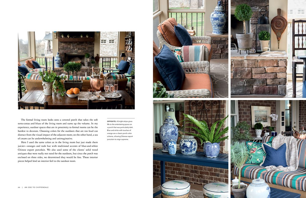 Interior design book spread featuring a covered porch with blue and orange decor and stone fireplace.
