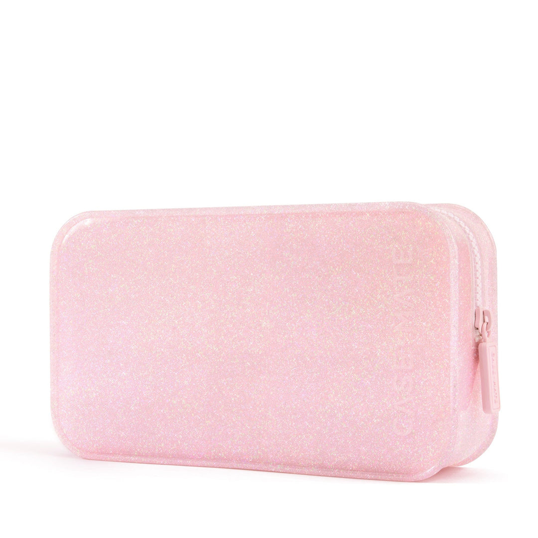 Rectangular ballet pink twinkle jelly makeup bag with glitter finish and matching zipper.