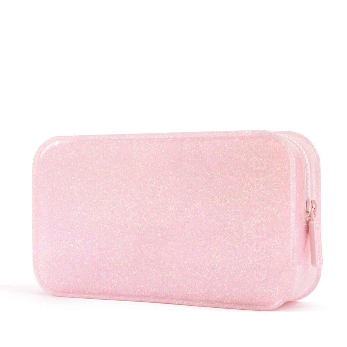 Rectangular ballet pink twinkle jelly makeup bag with glitter finish and matching zipper.