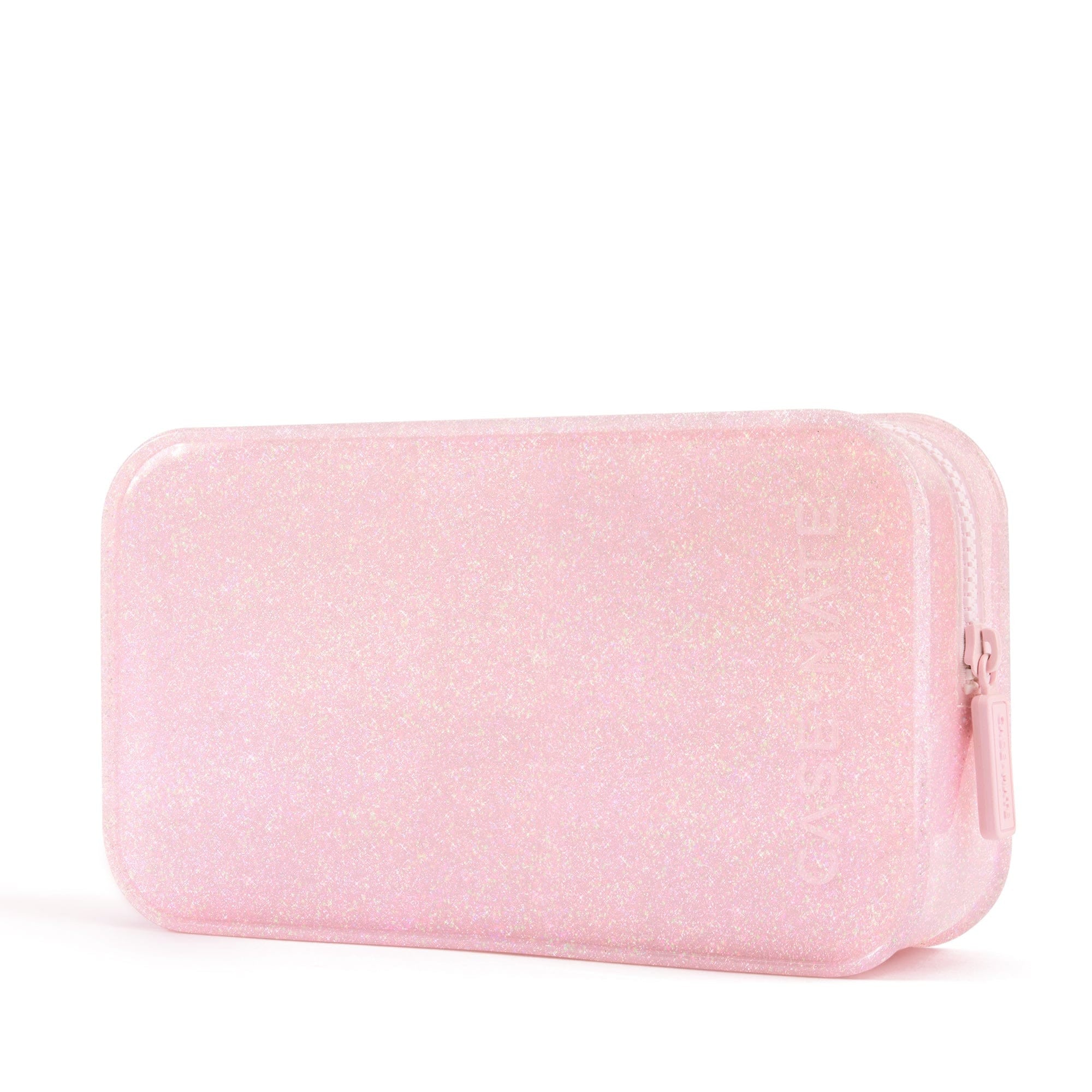Rectangular ballet pink twinkle jelly makeup bag with glitter finish and matching zipper.