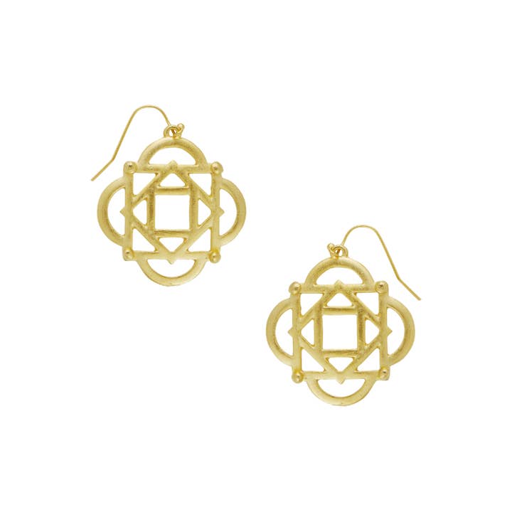 Gold curved square cut-out wire earrings with a geometric openwork design and hook backs.