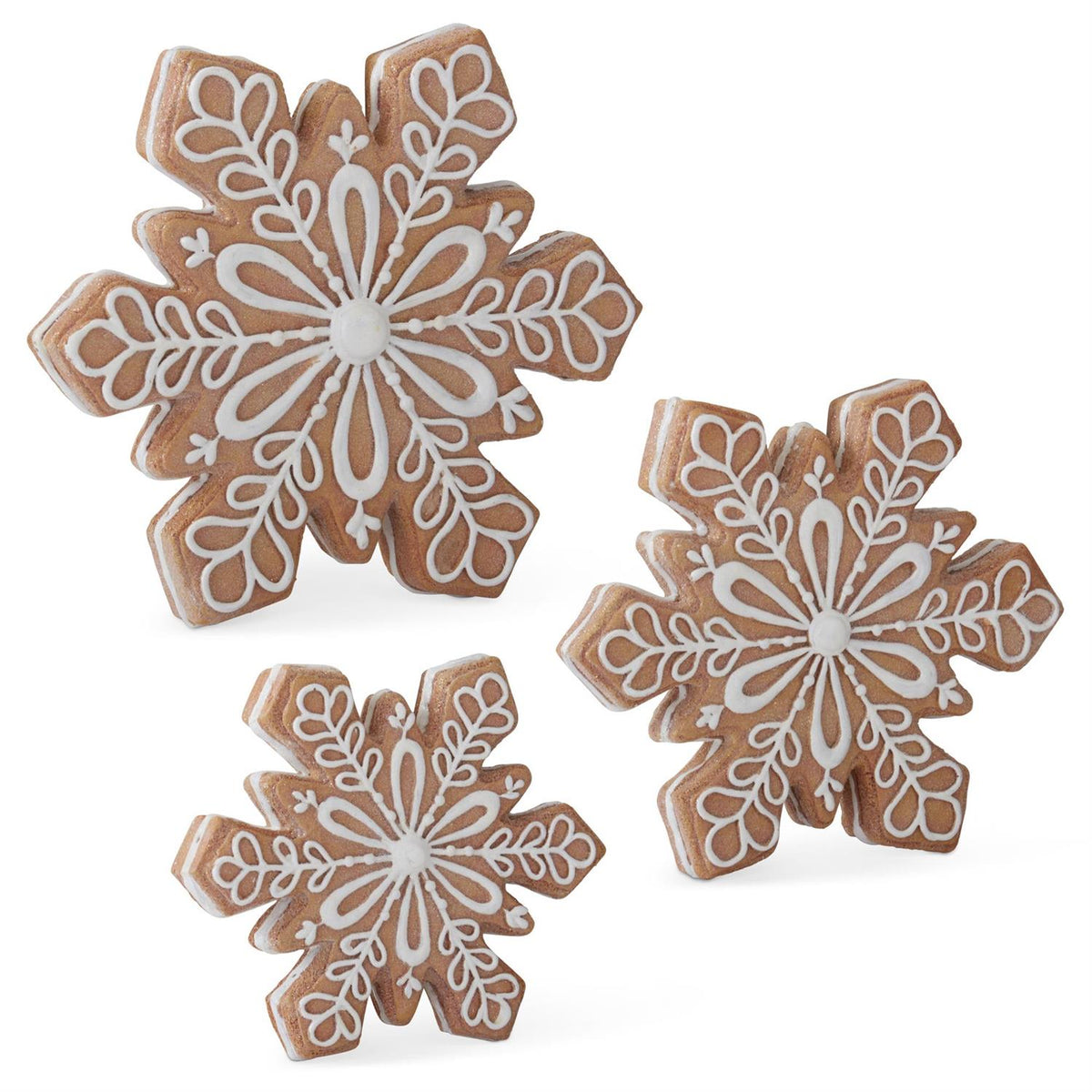 Resin gingerbread snowflake ornament with white icing outline detail.