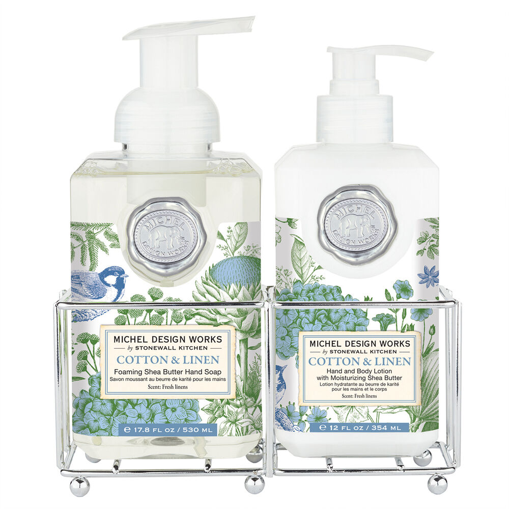 Hand Care Caddy containing foaming hand soap and lotion bottles.