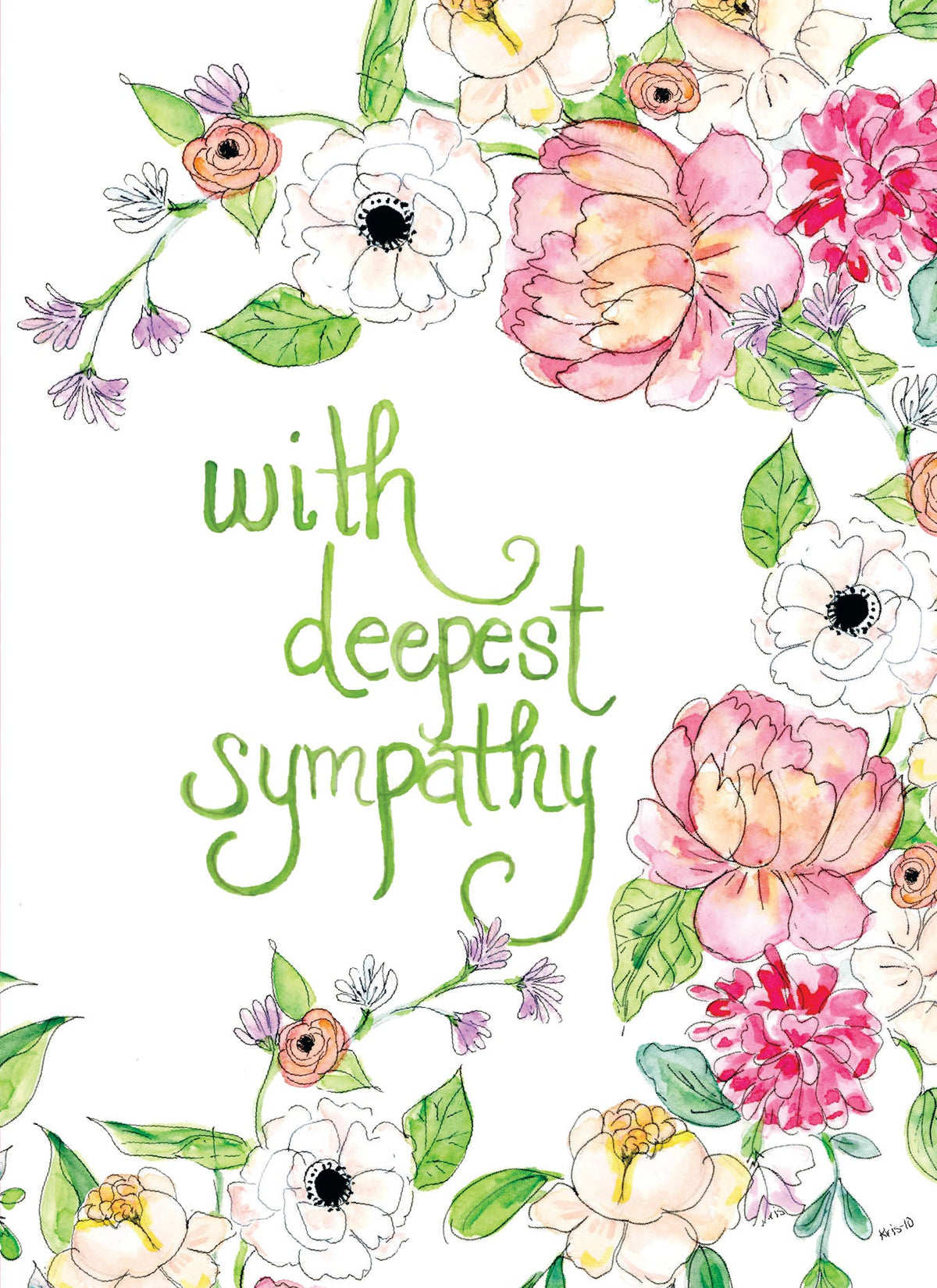 Watercolor floral sympathy card with green hand-lettered text reading "with deepest sympathy".