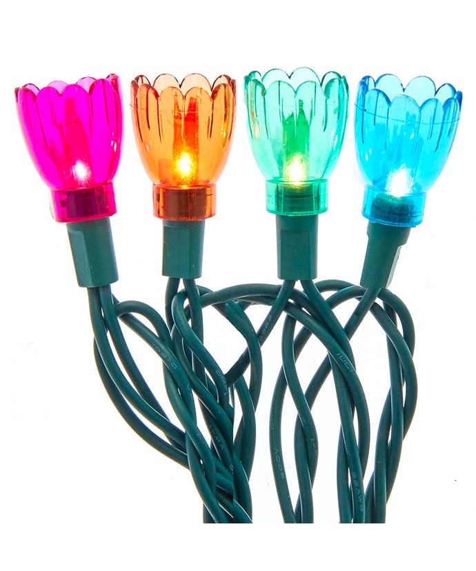 Set of ten multicolored tulip-shaped plastic lights with copper accents on a green wire.